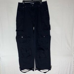 Just Fab Black High Rise Wide Leg Cargo Pants W Ankle Straps 15 NWT